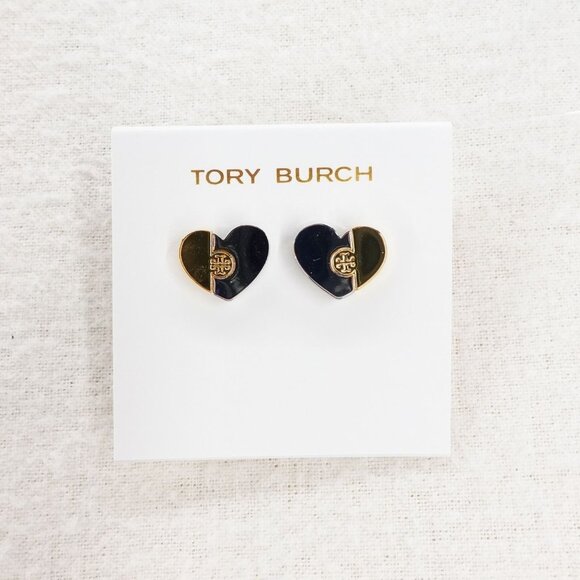 Tory Burch  Heart Puzzle Logo Stud Earrings Silver Gold - Picture 1 of 13